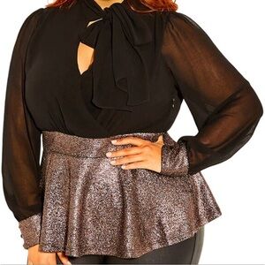 City Chic Black Metallic Peplum Bow Blouse – Size XS (14)
